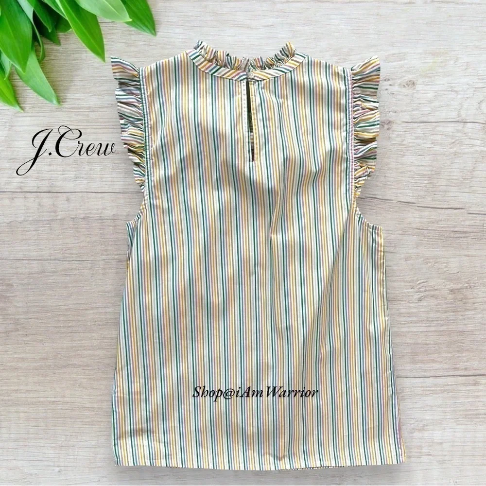 J.Crew (factory) rainbow pinstripe ruffle trim sleeveless poplin top *iamwarrior